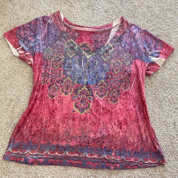 Y2K Boho Chic Deep V-Neck Pink & Purple Ombre Flowy Tunic Top - Picture 3 of 6